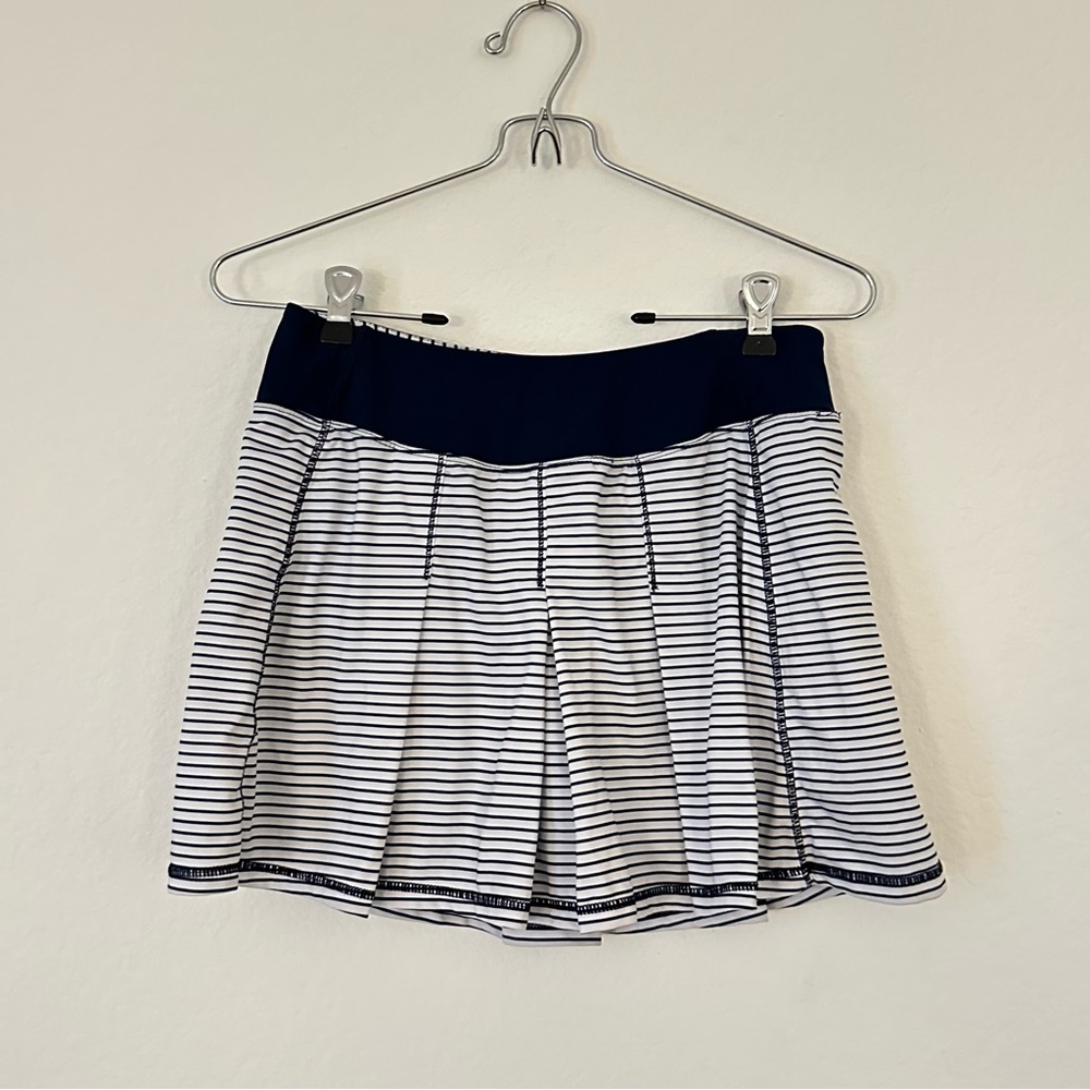 Navy Blue and White Stripe Pleated Tennis Skirt with Ball Pocket